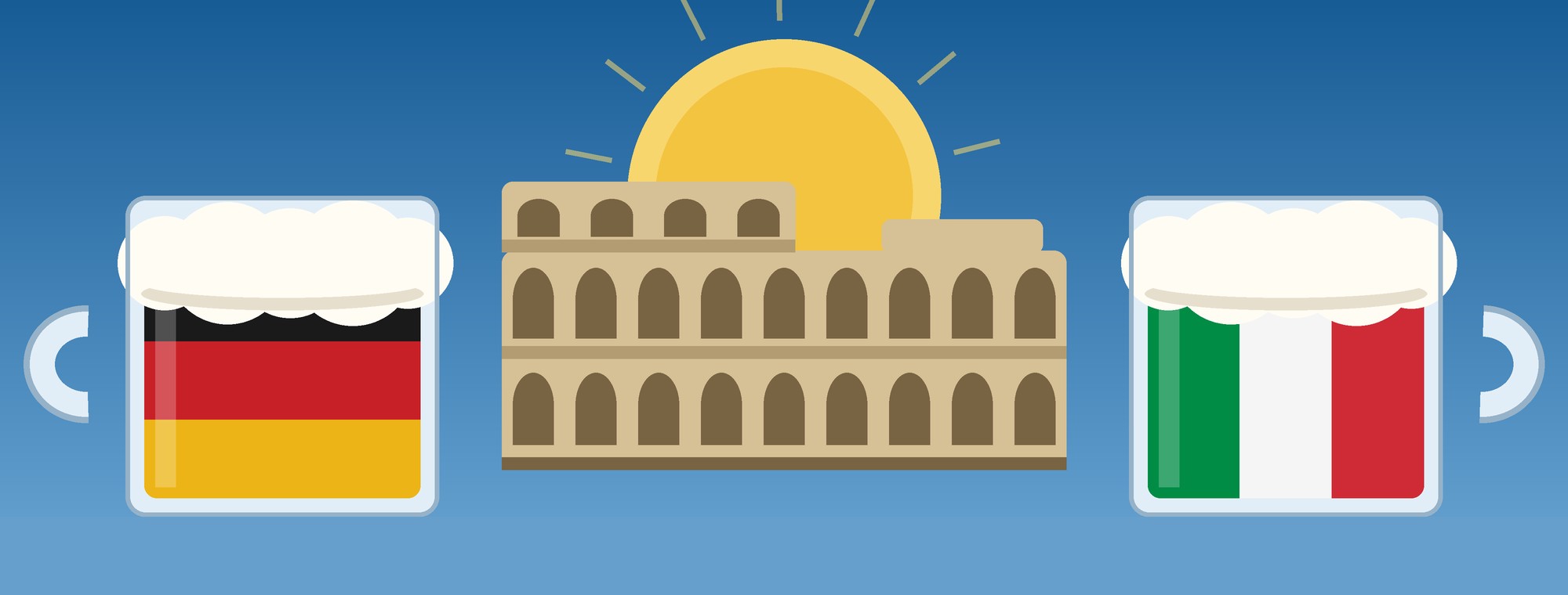 Il Colosseo tra due boccali di birra nei colori delle bandiere di Germania e Italia